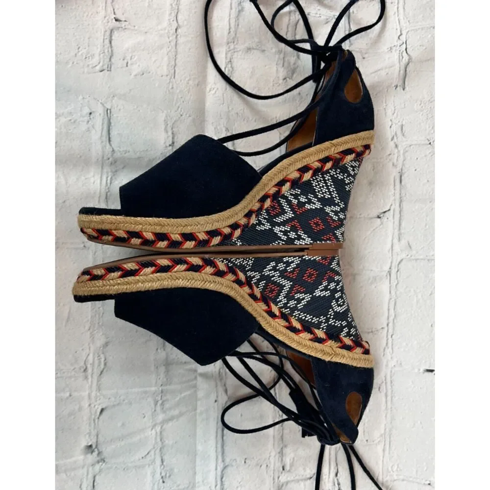 CABI boho navy blue Isla leather suede wedge espadrille tassels sandals size 9M
